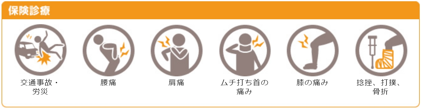 【症状】交通事故・労災、腰痛、肩痛、ムチ打ち・首の痛み、膝の痛み、捻挫・打撲・骨折